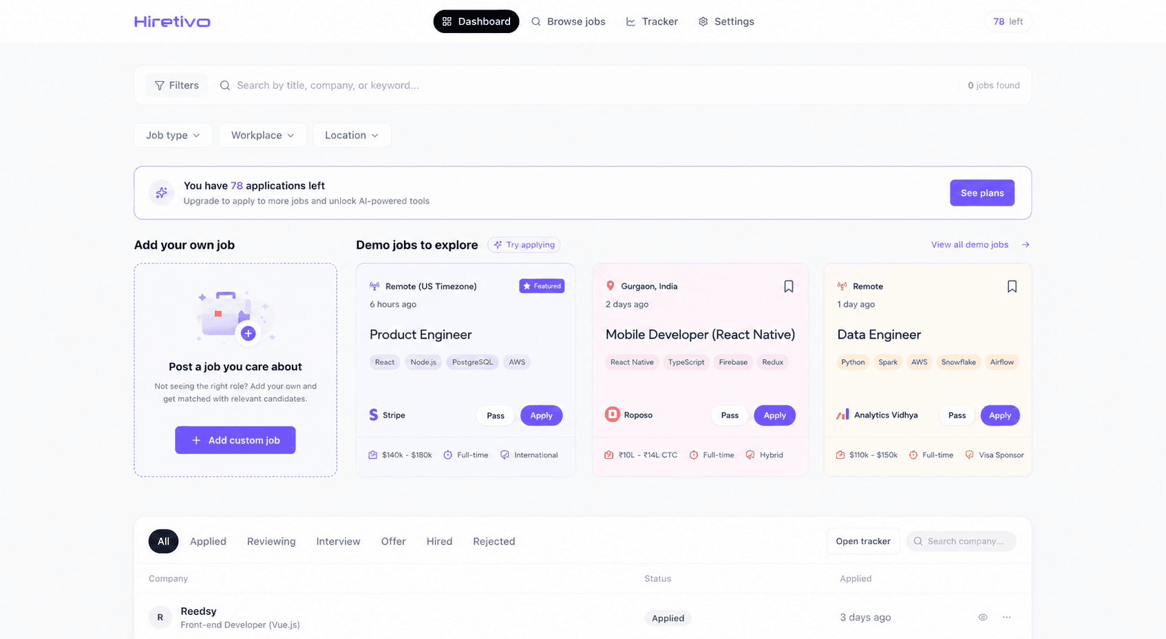 Hiretivo dashboard with recommended jobs and application tracker