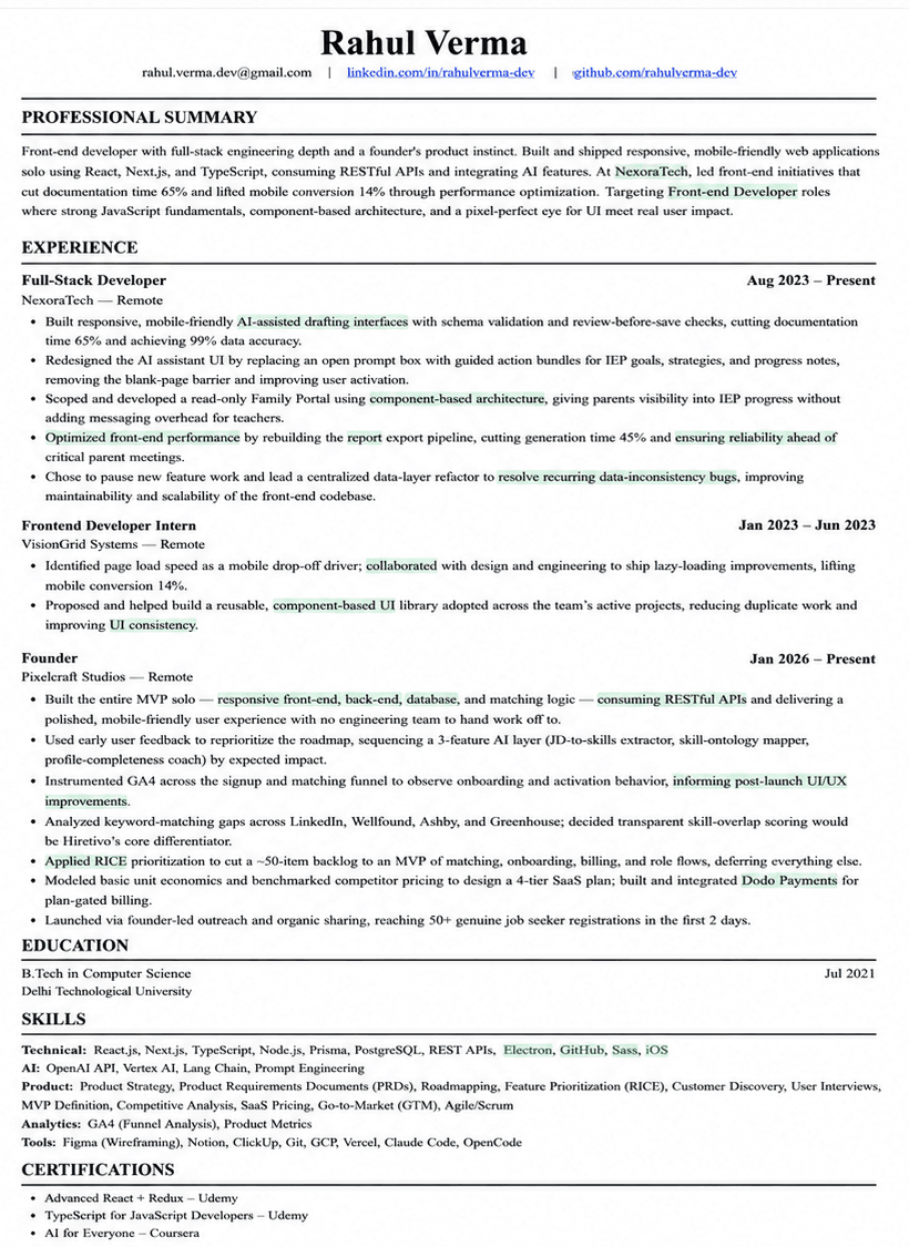AI-optimized resume with highlighted improvements