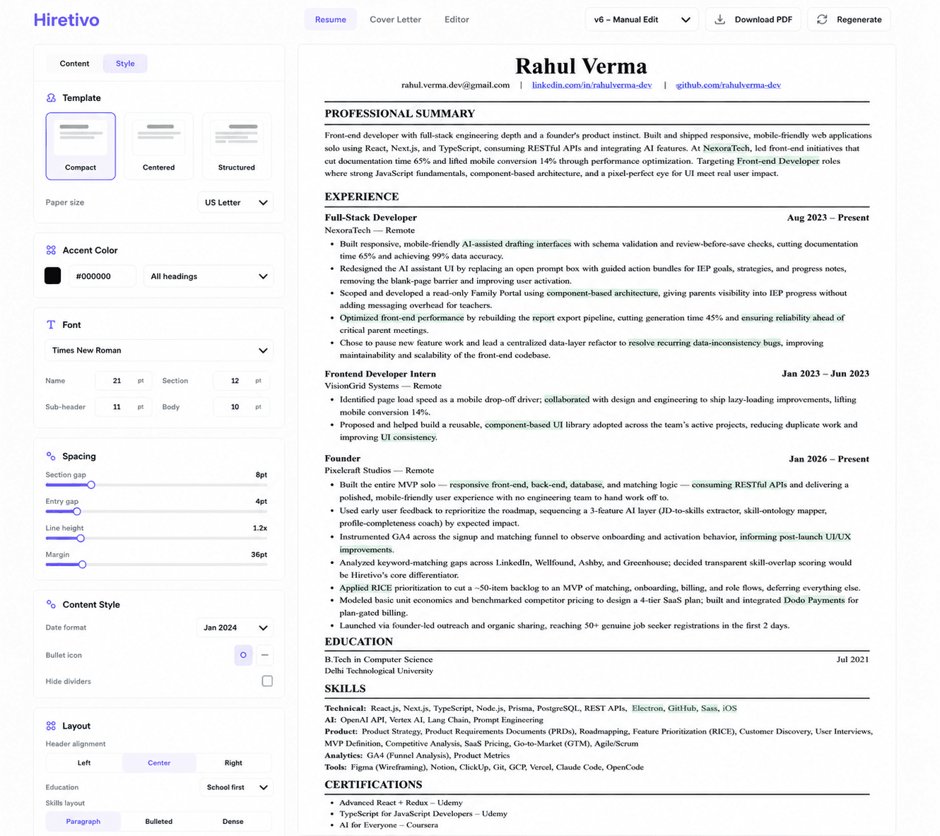 AI resume editor with rewrite tools, templates, and PDF export
