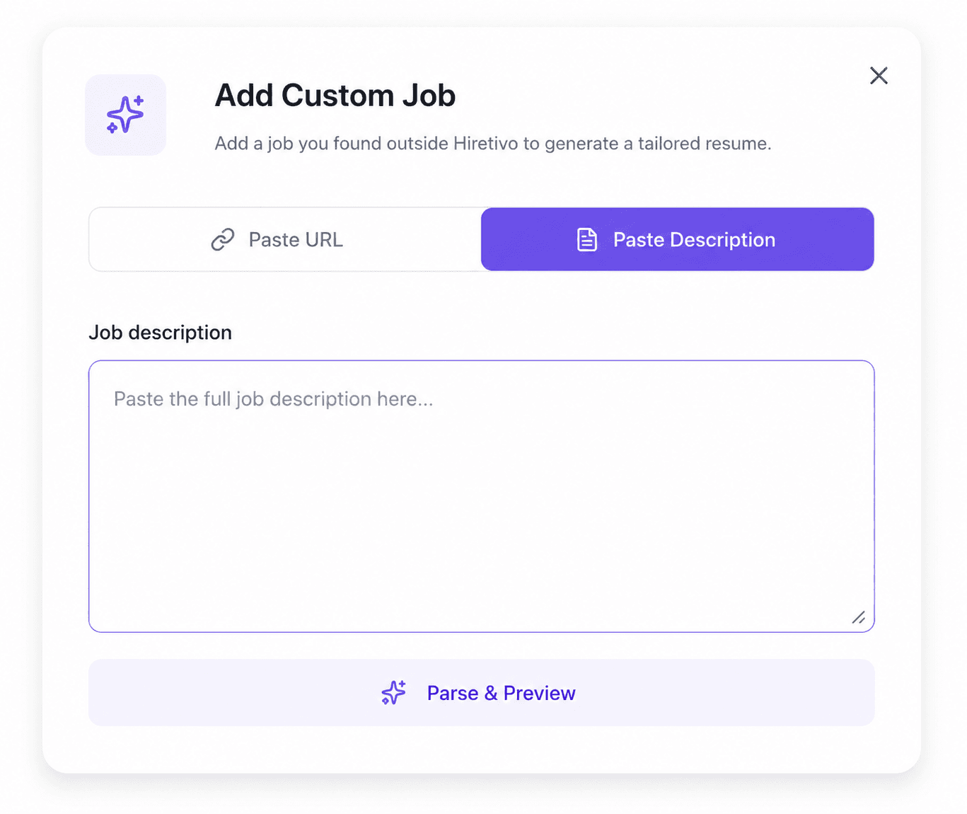 Add Custom Job modal with Paste Description tab selected