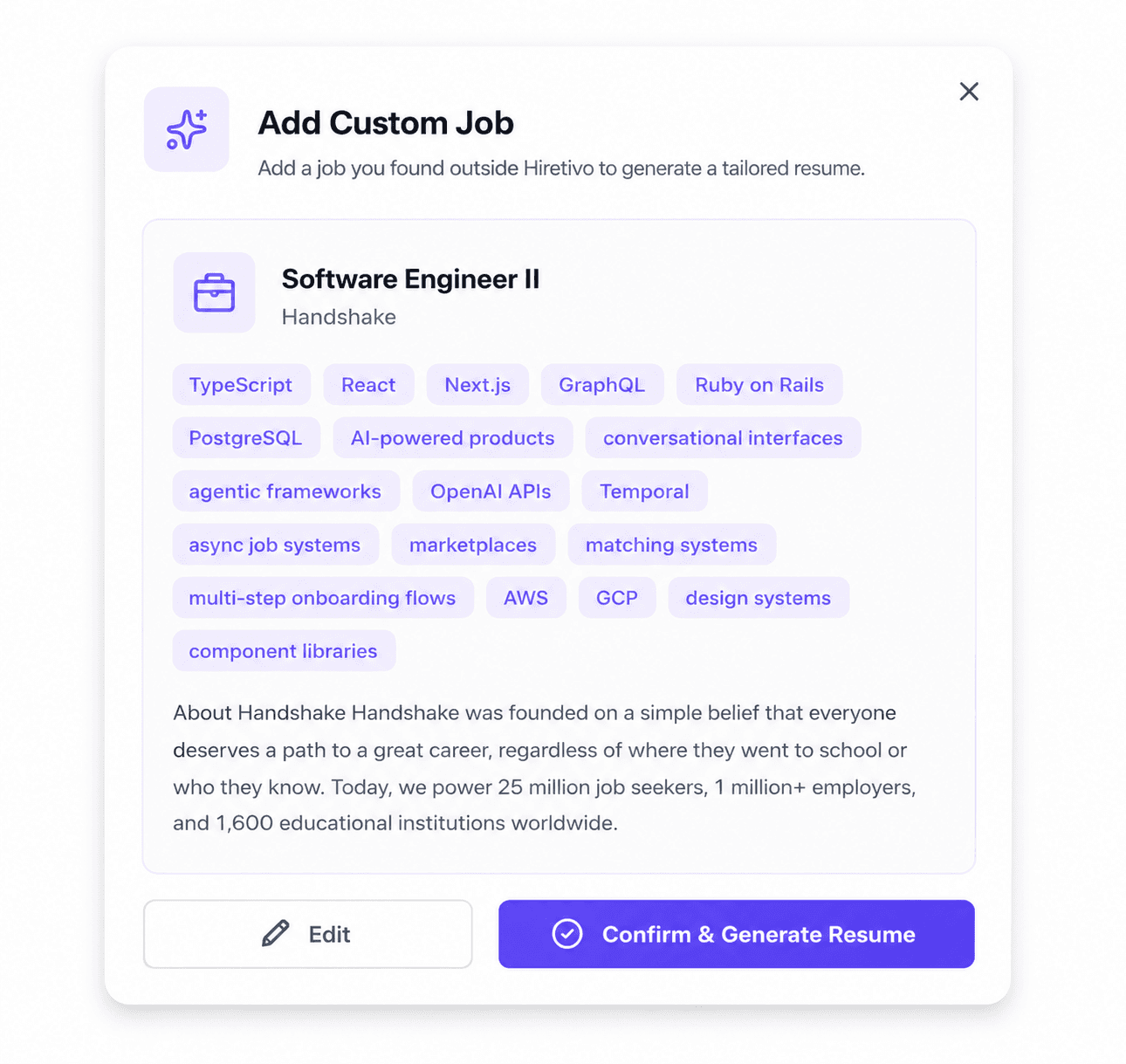 Job preview showing extracted skills like TypeScript, React, and GraphQL with the full description