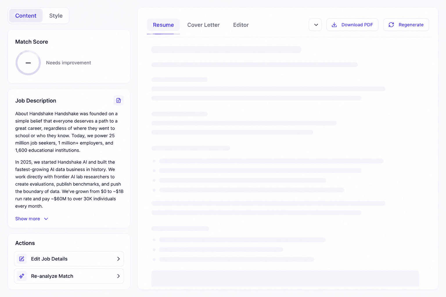 Resume generating with the job description panel on the left and a live preview on the right